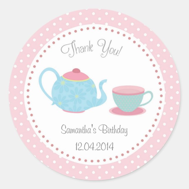 Tea Set Birthday Sticker Pink Blue Polka Dot (Front)