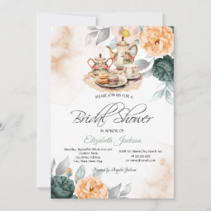 Tea Set Green Roses Bridal Shower Invitation