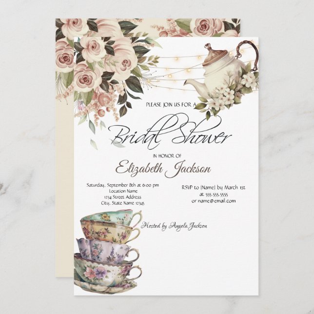 Tea Set Lights Roses Bridal Shower  Invitation (Front/Back)