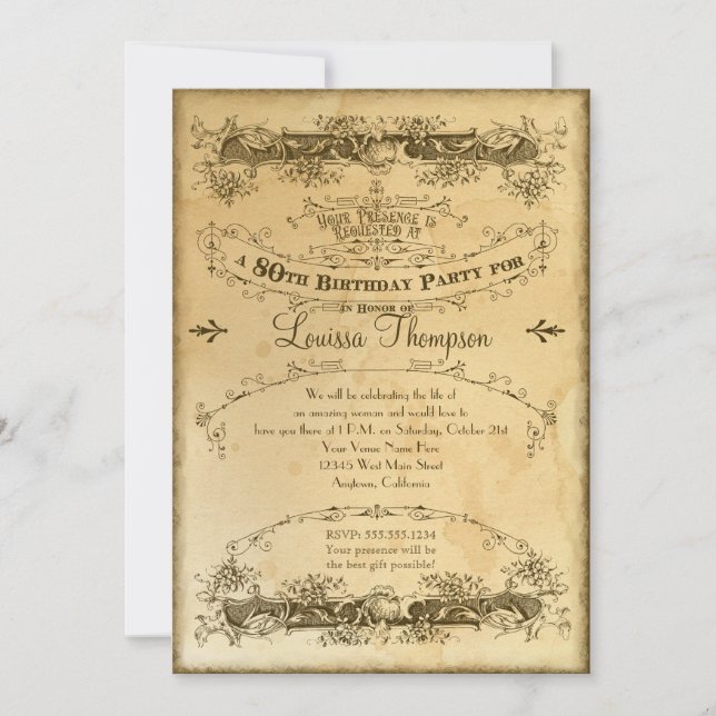 Tea Stained Vintage 80th Birthday Celebration Invitation (Front)