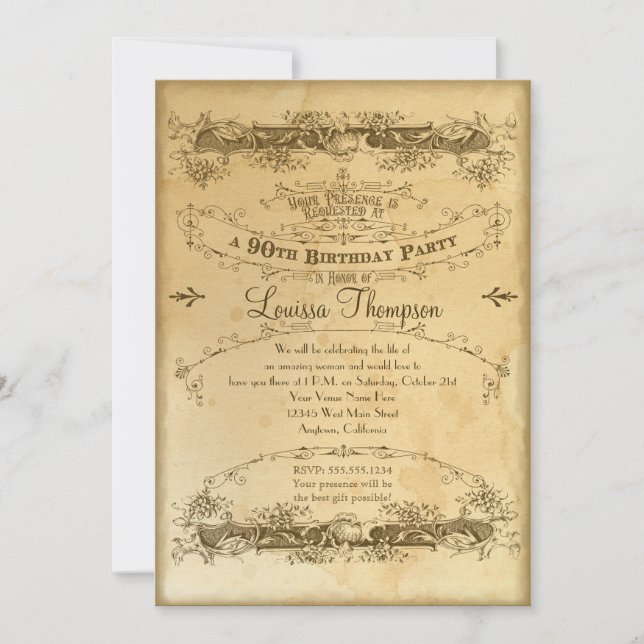 Tea Stained Vintage 90th Birthday Celebration Invitation (Front)