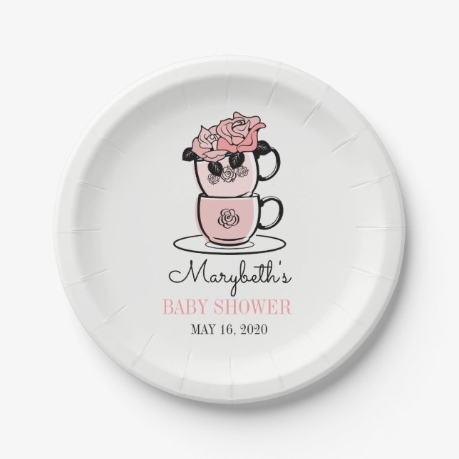 Tea Teacup & Flowers Baby Shower Paper Plates (Front)