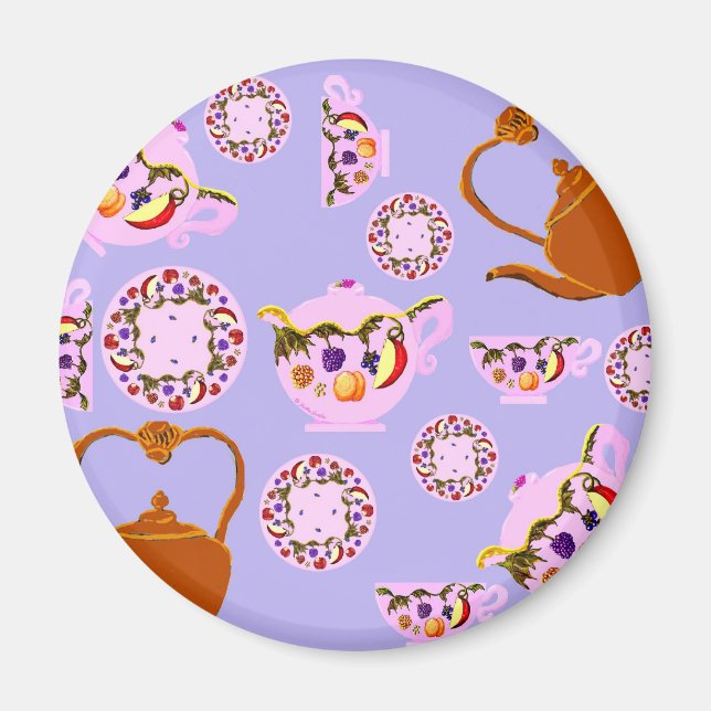Tea! Teapot, Teacup, Plate, Teakettle Round Magnet (Front)