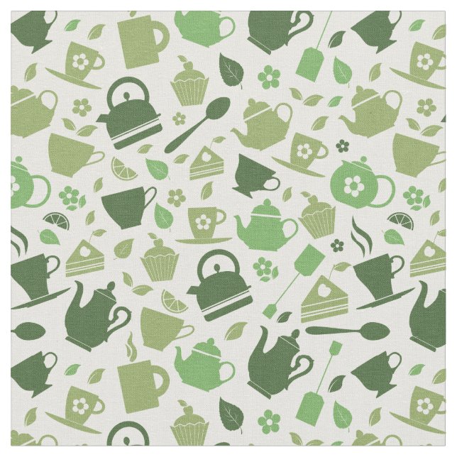 Tea themed green pattern fabric (Close Up)