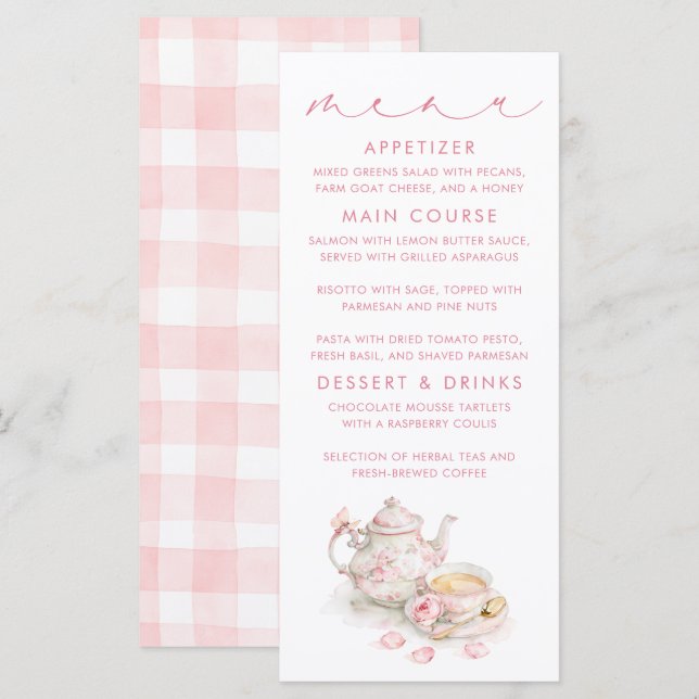 Tea Themed Pink Gingham Pattern Menu Cards (Front/Back)