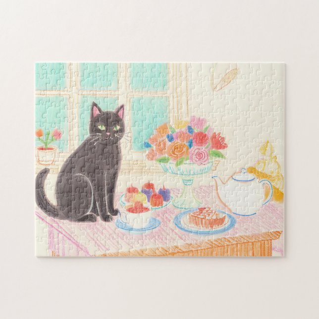 Tea-Time Black Cat Puzzle – Cozy Winter Gift Idea (Horizontal)