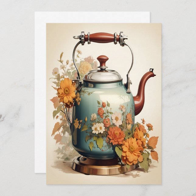 Tea Time Coffee Break Get Together Tea Pot Flowers Holiday Card (Front/Back)