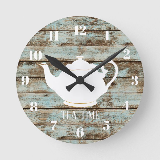 Tea Time Elegant Teapot Rustic Barn Wood Round Clock (Front)