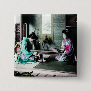 Tea Time for Two in Old Japan Vintage Geisha 15 Cm Square Badge