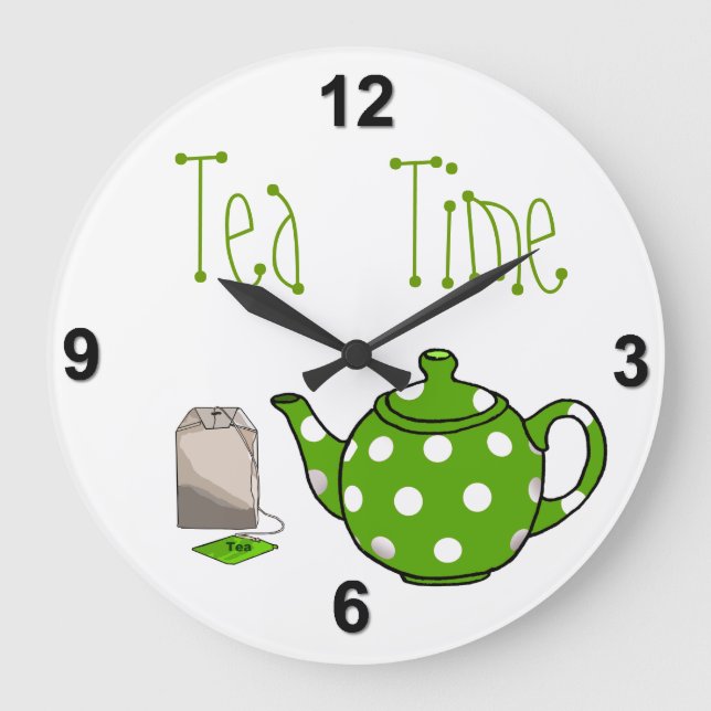 Tea Time Green & White Kitchen Large Clock (Front)