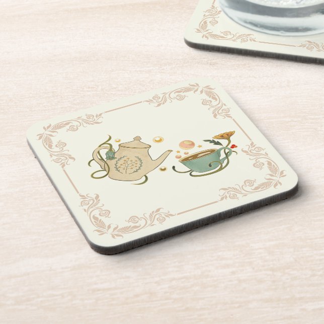 Tea Time Illustration, Beige Nature Graphic Art Coaster (Left Side)