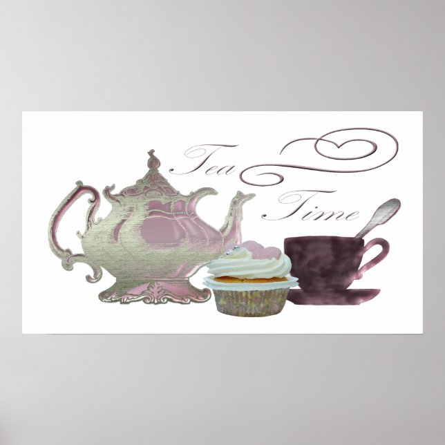 Tea time lilac teapot, teacup and cupcake Poster (Front)