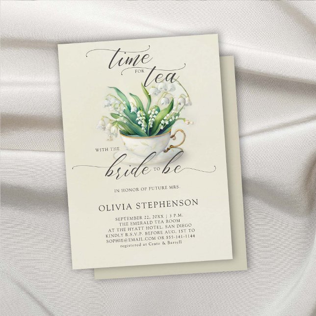 Tea Time Lily of Valley Calligraphy Bridal Shower Invitation (bridal tea shower invitation lily of the valley floral flowers modern calligraphy elegant romantic )