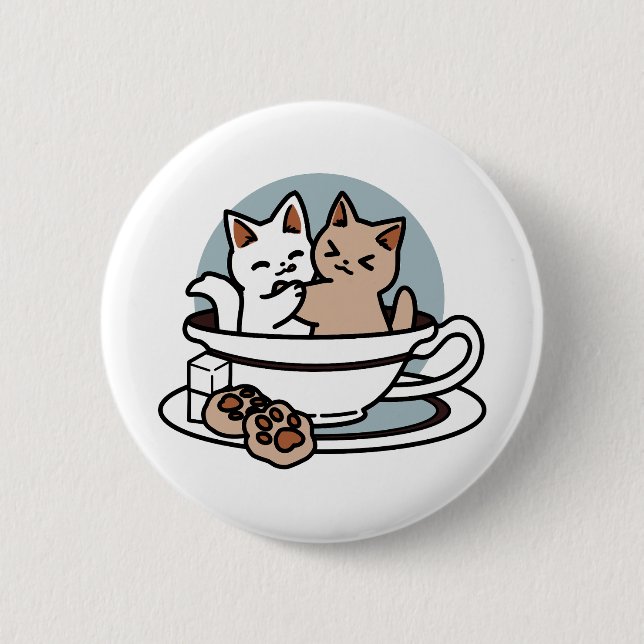 Tea Time Meow Time - Cute Cat and Tea Design 6 Cm Round Badge (Front)