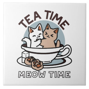 Tea Time Meow Time - Cute Cat and Tea Design Ceramic Tile