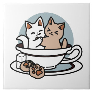 Tea Time Meow Time - Cute Cat and Tea Design Ceramic Tile