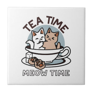Tea Time Meow Time - Cute Cat and Tea Design Ceramic Tile