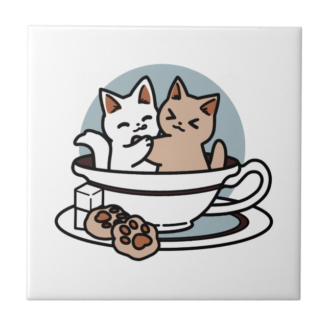 Tea Time Meow Time - Cute Cat and Tea Design Ceramic Tile (Front)