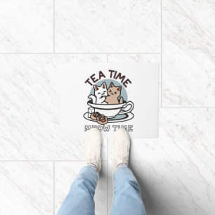 Tea Time Meow Time - Cute Cat and Tea Design Doormat