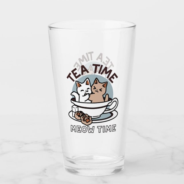 Tea Time Meow Time - Cute Cat and Tea Design Glass (Front)