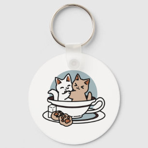 Tea Time Meow Time - Cute Cat and Tea Design Key Ring