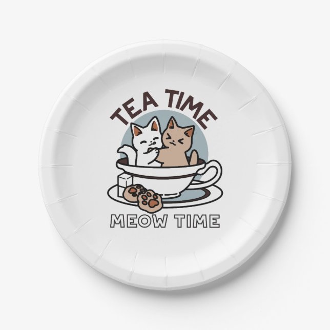 Tea Time Meow Time - Cute Cat and Tea Design Paper Plate (Front)