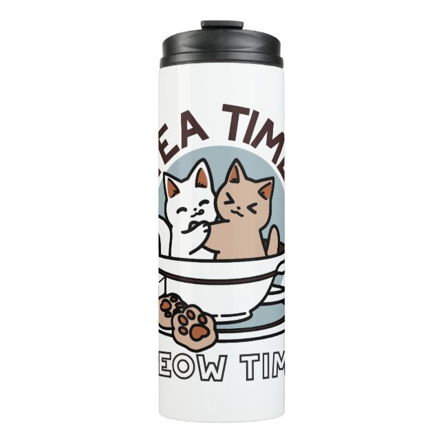 Tea Time Meow Time - Cute Cat and Tea Design Thermal Tumbler (Front)
