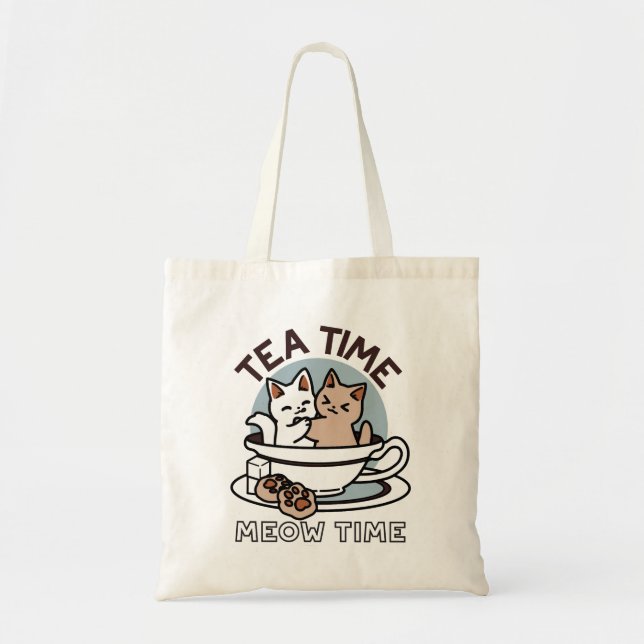 Tea Time Meow Time - Cute Cat and Tea Design Tote Bag (Front)