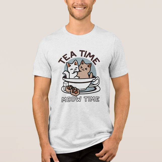 Tea Time Meow Time - Cute Cat and Tea Design Tri-Blend Shirt (Front)