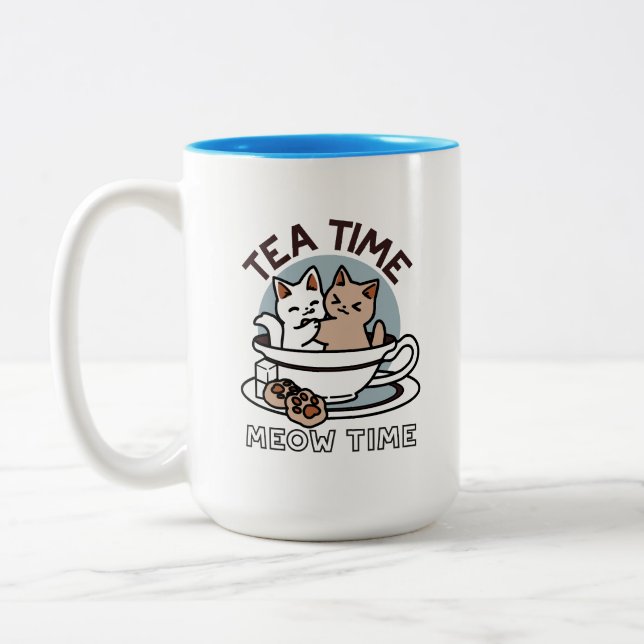Tea Time Meow Time - Cute Cat and Tea Design Two-Tone Coffee Mug (Left)