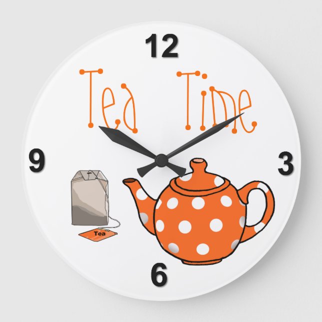 Tea Time Orange & White Kitchen Large Clock (Front)