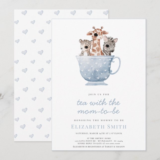 Tea Time Party Baby Animals Blue Boy Baby Shower Invitation (Front/Back)