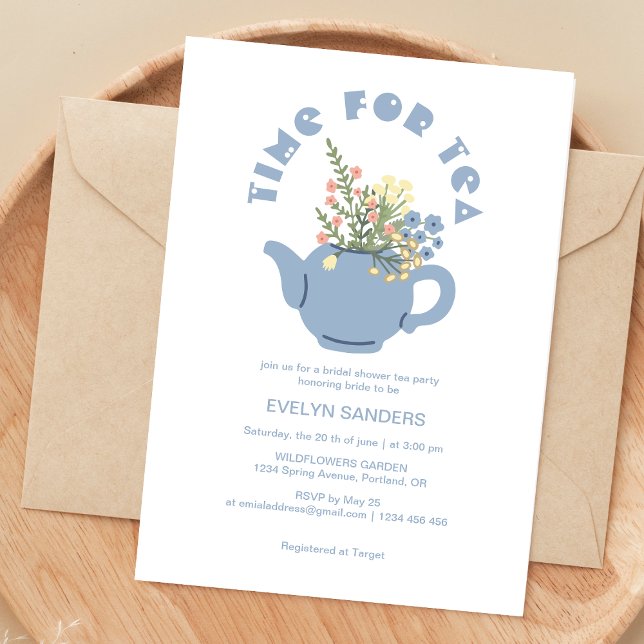 Tea Time Party Retro Blue Teapot Bridal Shower  Invitation (Creator Uploaded)