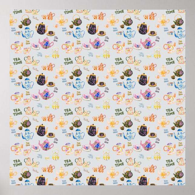 tea time pattern - tea cups and tea pot in poster (Front)