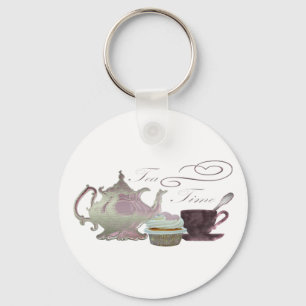 Tea Time Pink Cupcake Hearts Art Key Ring