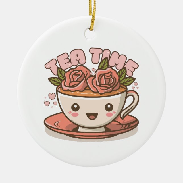 Tea Time Rose Tea Kawaii Ceramic Ornament (Front)