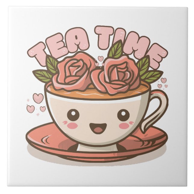 Tea Time Rose Tea Kawaii Ceramic Tile (Front)