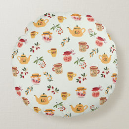 Tea Time Seamless Pattern Round Cushion