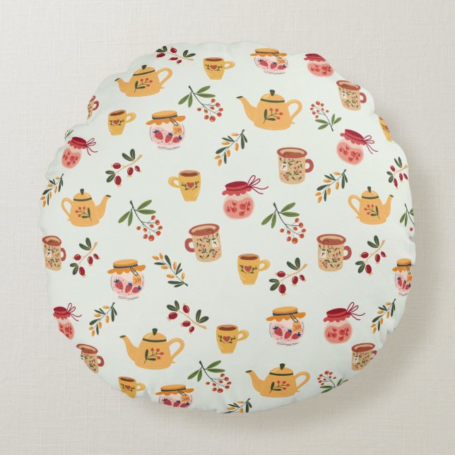 Tea Time Seamless Pattern Round Cushion (Front)