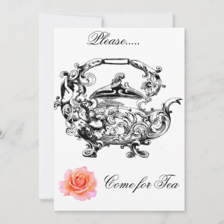TEA TIME SOCIAL INVITATION-ANTIQUE TEA POT & ROSE INVITATION