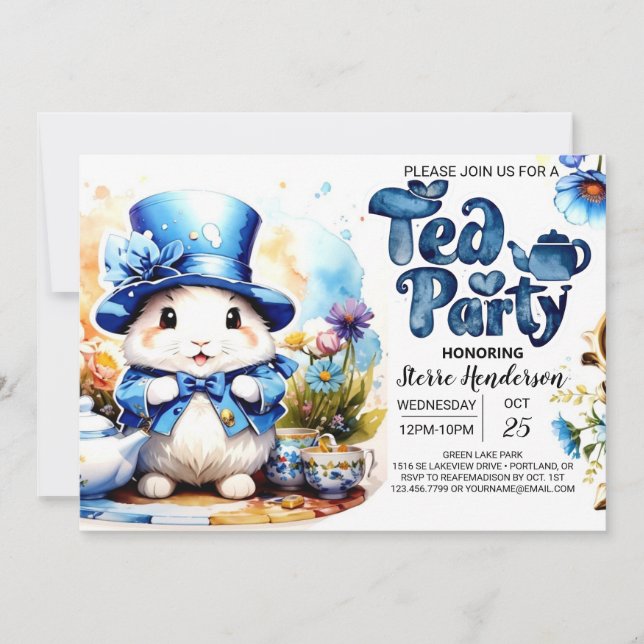 Tea Time Tails Blue Bunny Baby Shower Invitation (Front)
