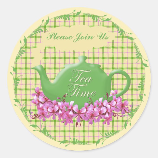 Tea Time Teapot Spring Plaid Classic Round Sticker (Front)