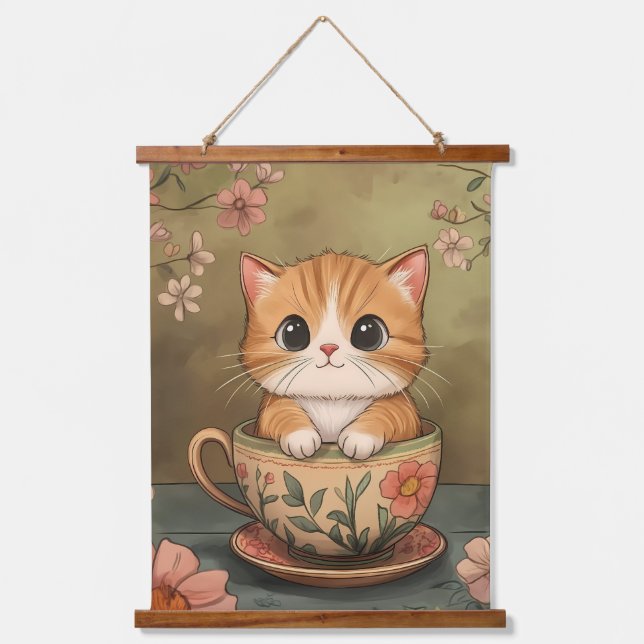 Tea Time with a Tiny Kitten Hanging Tapestry (Front)