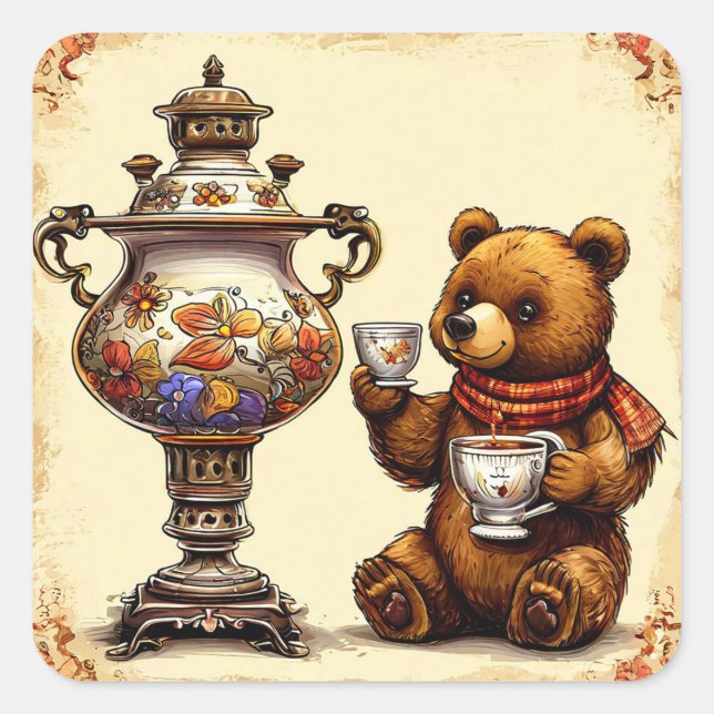 Tea time with bear square sticker (Front)