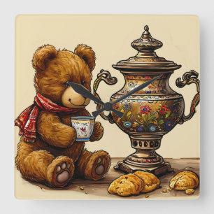 Tea time with bear square wall clock