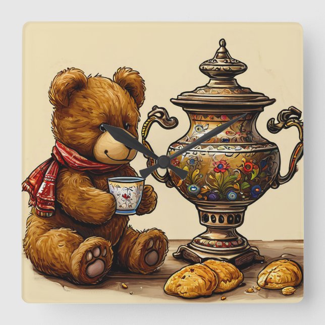 Tea time with bear square wall clock (Front)