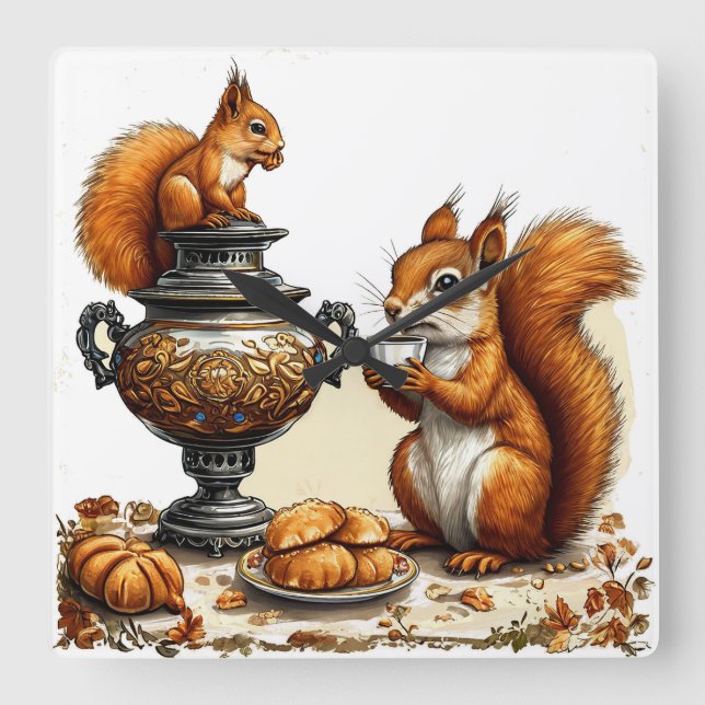 Tea time with squirrels square wall clock (Front)