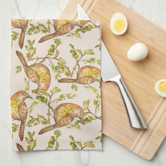 Tea Towel With Hand-Painted Birds on Branches (Quarter Fold)