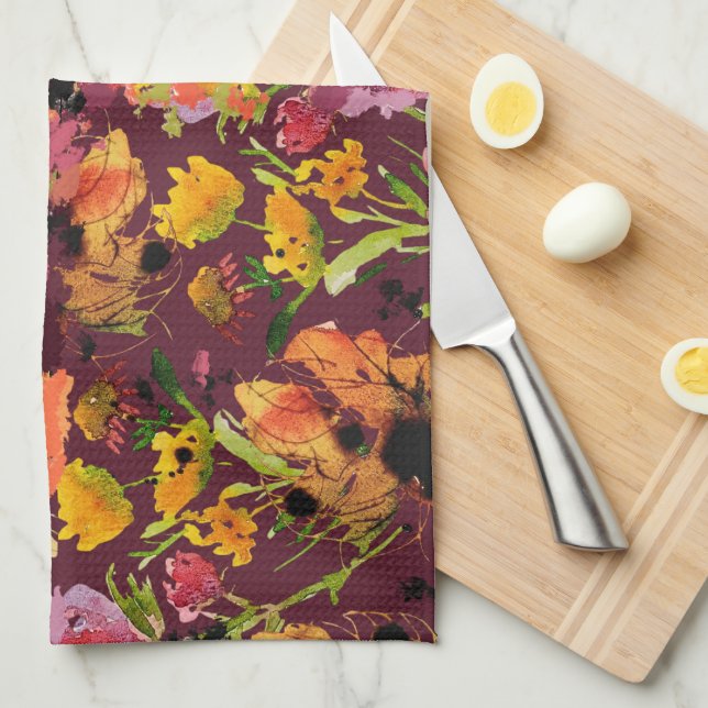 Tea Towel With Hand-Painted ink Florals (Quarter Fold)