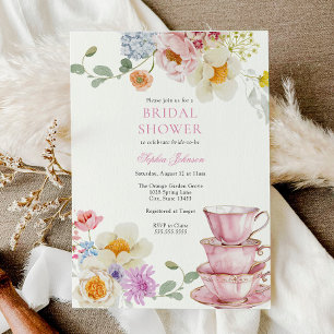 Tea Wildflower Pink Bridal Shower Invitation